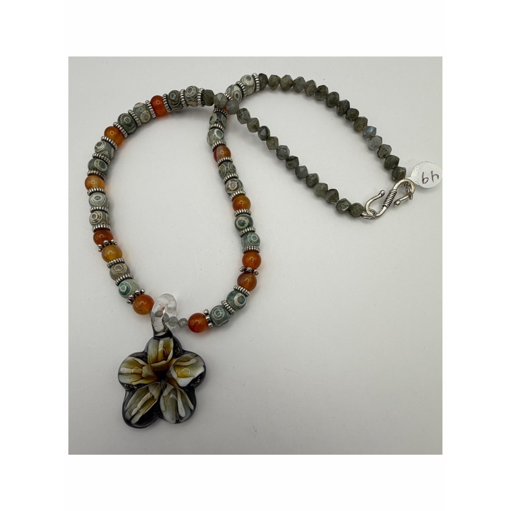 Artisan Lampwork Glass Flower Pendant Necklace Labradorite Carnelian Dzi Agate